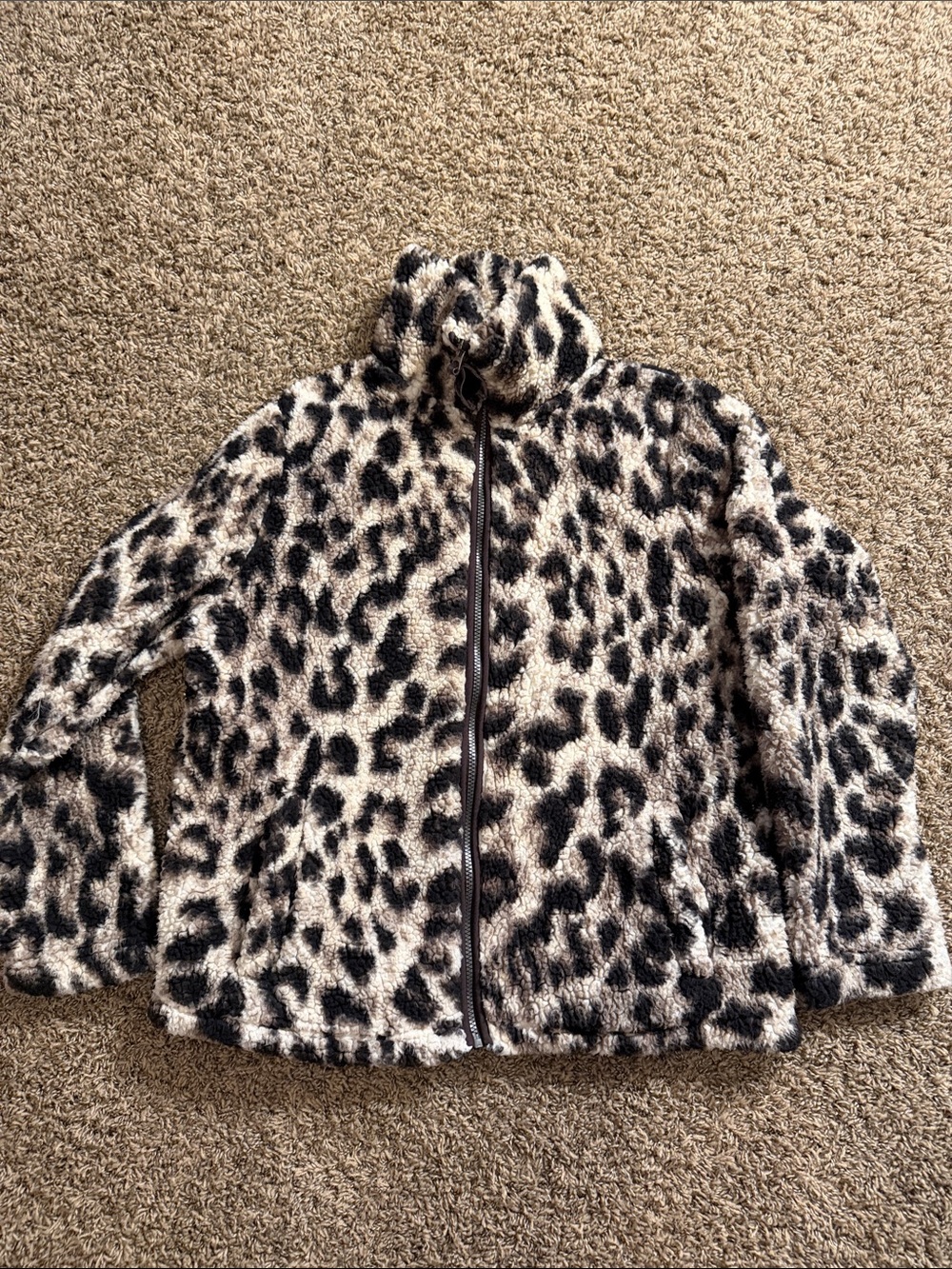 Leopard Print Teddy Zip Jacket - Cream & Black